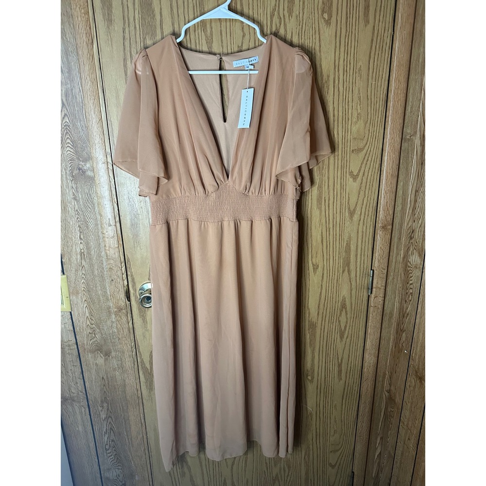 Baltic Born Esmeralda Maxi Dress Apricot Tan Flutter Sleeve Smocked Waist 1X NWT